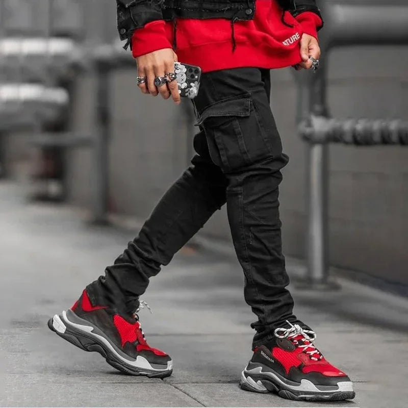 Men Street Elastic Denim Jeans Wash Solid Color Multi Pockets Cargo Pants Casual Slim Fit Daily Wear Joggers Mid Waist Trousers - Evallys.com