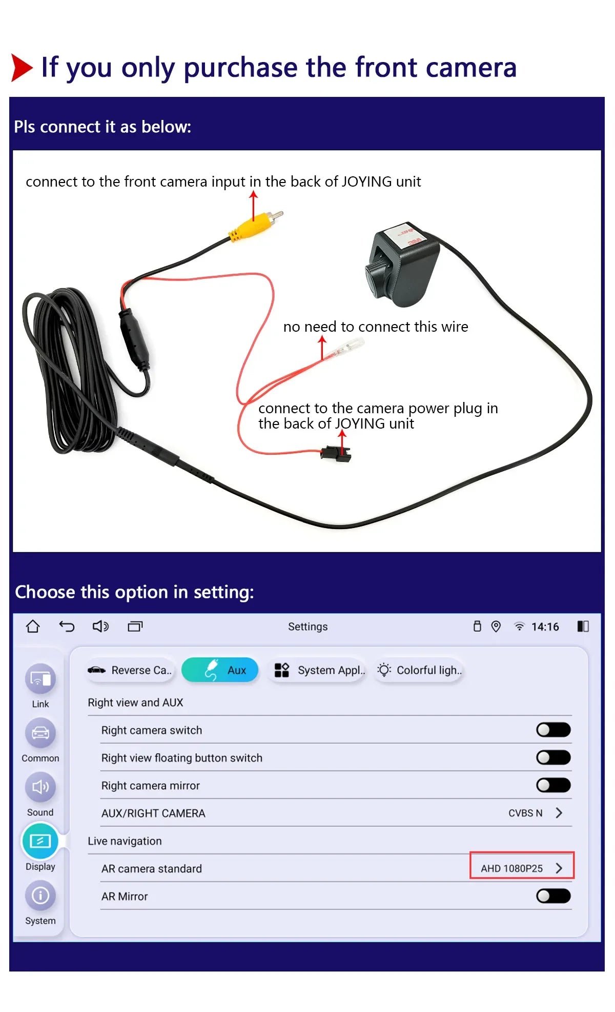 JOYING Newest AR front Camera Or Rear Camera Reversing Backup View Camera Parking Assist Wide Dynamic Range Full 1080P Display - Evallys.com