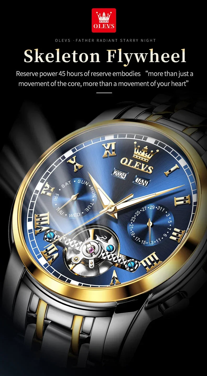 OLEVS Men's Watches Automatic Mechanical Business Wristwatch Waterproof Stainless Steel Strap Watch for Man Skeleton Calendar - Evallys.com
