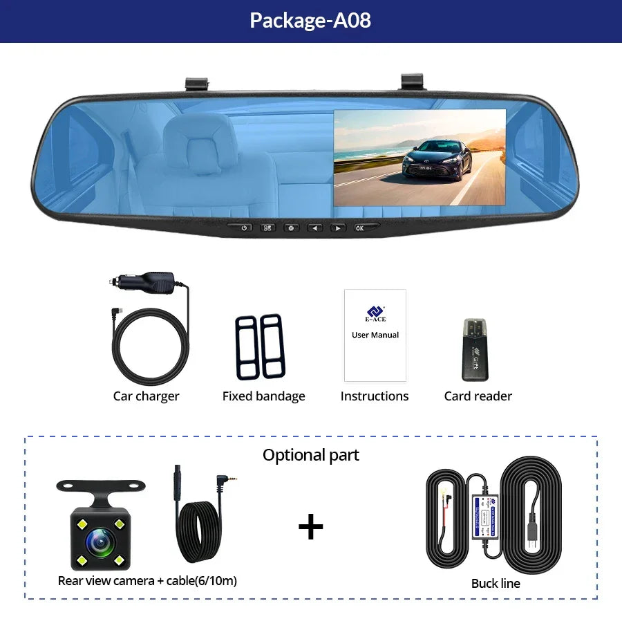 Dashcam 4.3Inch 1080P IPS Car DVR Driving Recorder Rearview Mirror Dual Lens Car Recorder Front and Rear Black Box - Evallys.com
