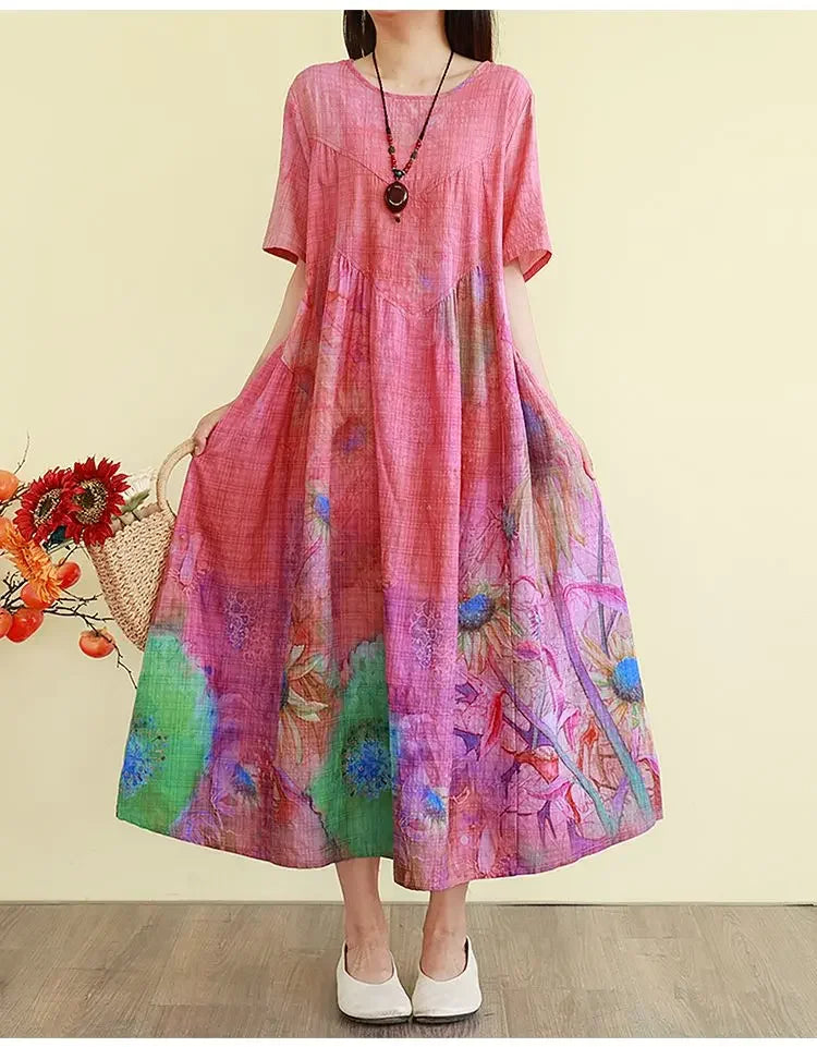Retro Cotton Linen Dress – Summer Print Loose Long Maxi Dress - Evallys.com