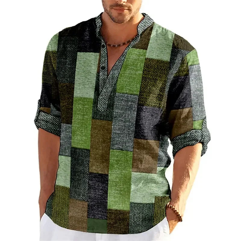 Patchwork 3D Print Color Block Henley Shirts Men's Fashion Vintage Stand Collar Long Sleeve Shirt Male Tops Blouse Man Clothing - Evallys.com