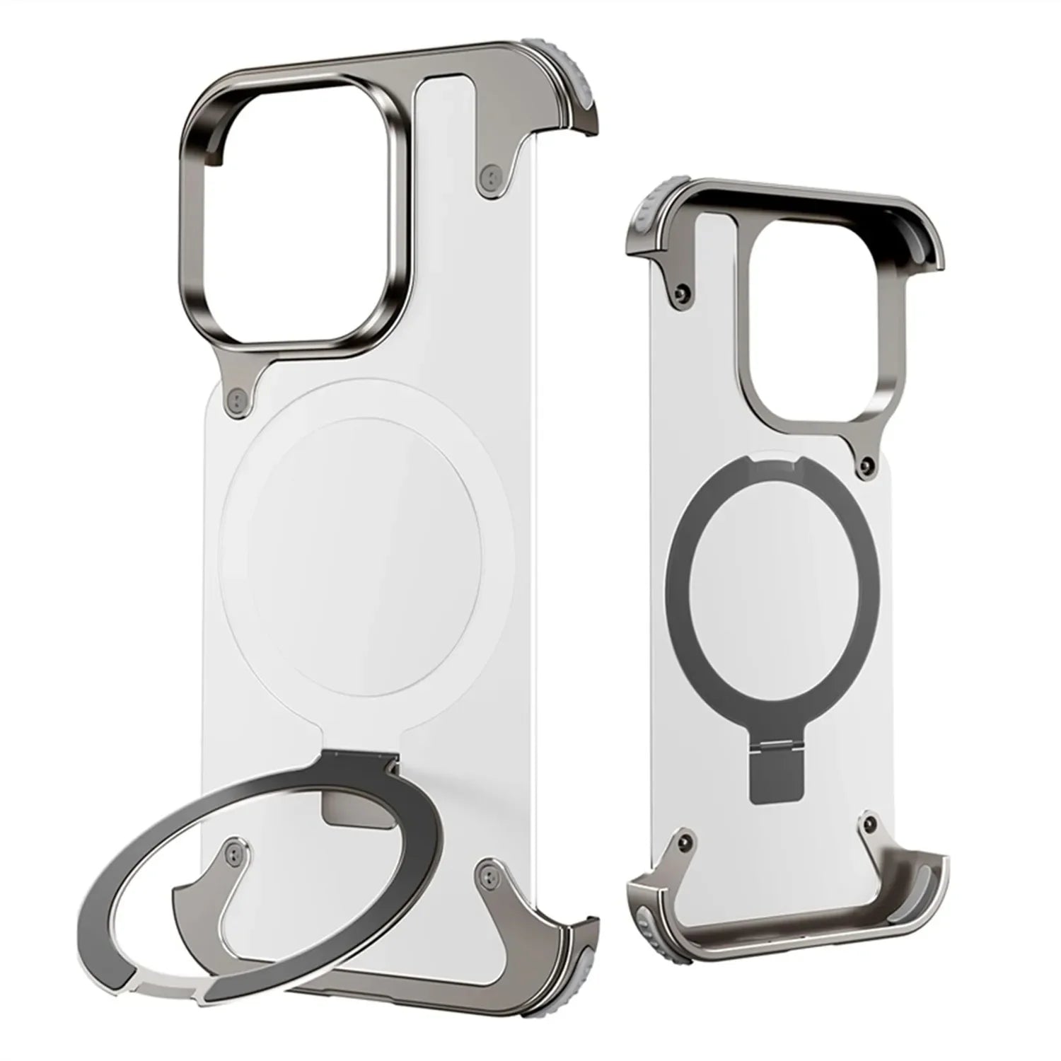Frameless Aluminum Alloy Kickstand Metal Phone Case for iPhone 13 14 15 16 Pro Max Magsafe Magnetic Ring Stand Shockproof Shell - Evallys.com