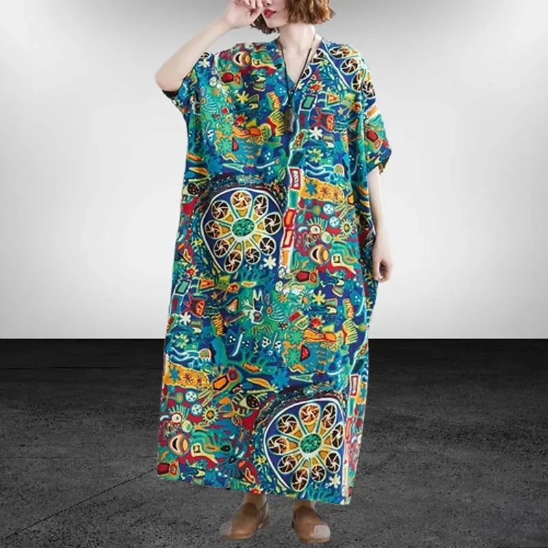 Boho Floral Maxi Dress – Cotton Linen V-Neck Summer Beach Wear - Evallys.com