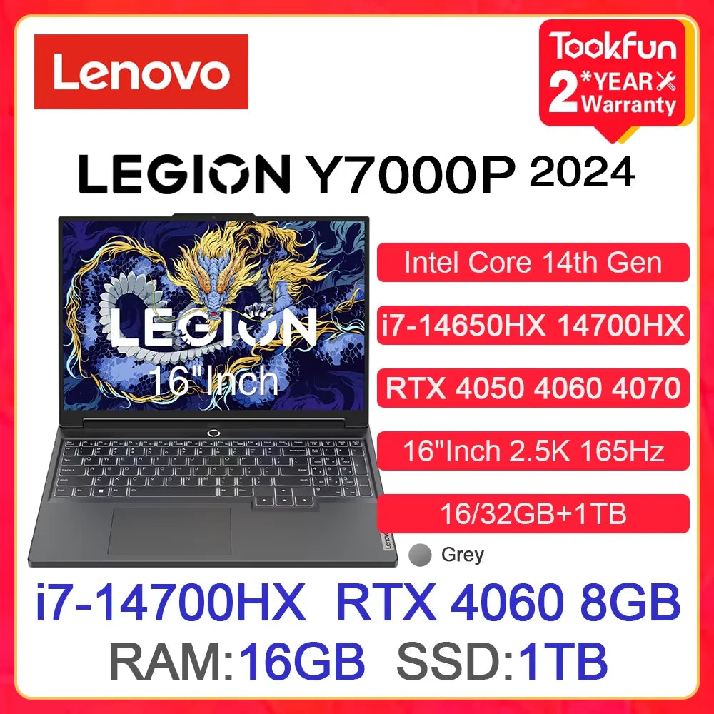 Lenovo LEGION Y7000P 2024 Gaming Laptop Intel i7-14650HX 14700HX NVIDIA RTX 4050 4060 4070 16"Inch 2.5K 165Hz Gamer PC Notebook