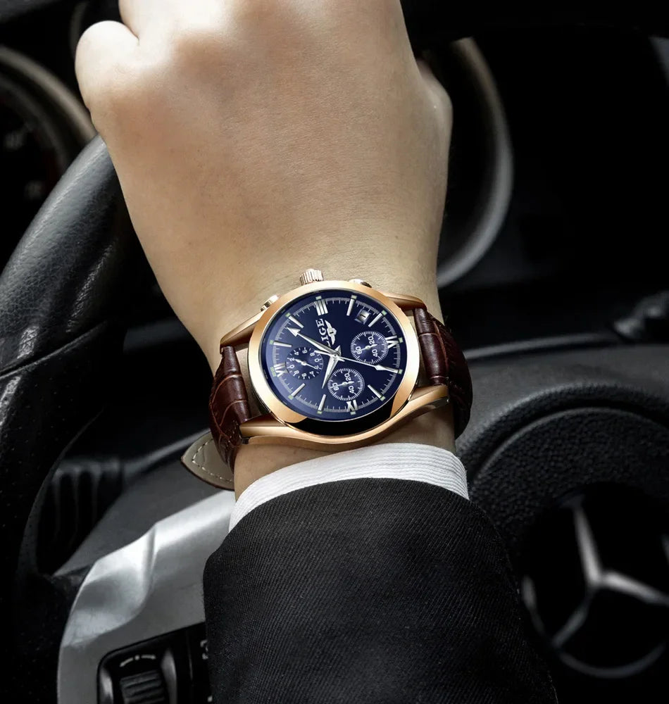 LIGE Men Watch Top Brand Luxury Waterproof Luminous Sport Wristwatch Quartz Military Genuine Leather Relogios Masculino+Box - Evallys.com