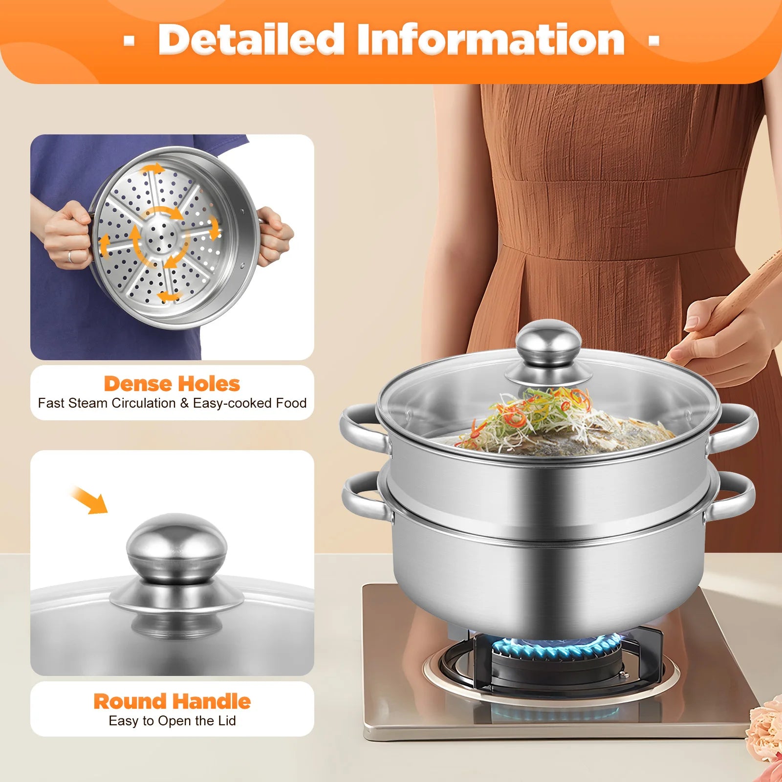 26CM 5 Tier Stainless Steel Steam Cooker Steamer Food Vegetable Pot Kitchen