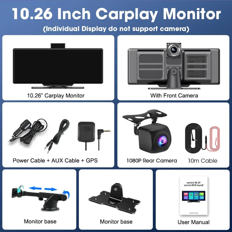 10.26'' Dash Cam 4K Car Mirror Video Player Wireless Carplay Android Auto GPS Car Monitor Multimedia Rearview Camera Dashboard - Evallys.com