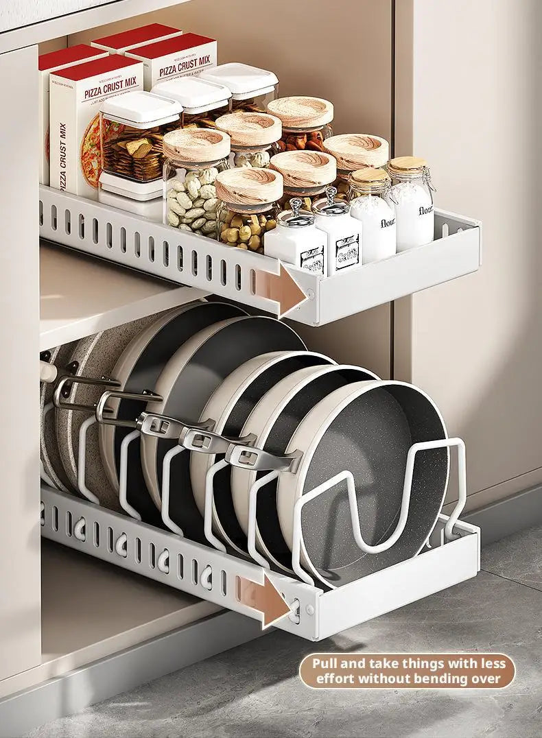 Pots and Pans Organizer Under Cabinet Sliding Pot Lid Storage Holder Kitchen Adjustable Slide Out Dish Pan Storage Rack Shelf
