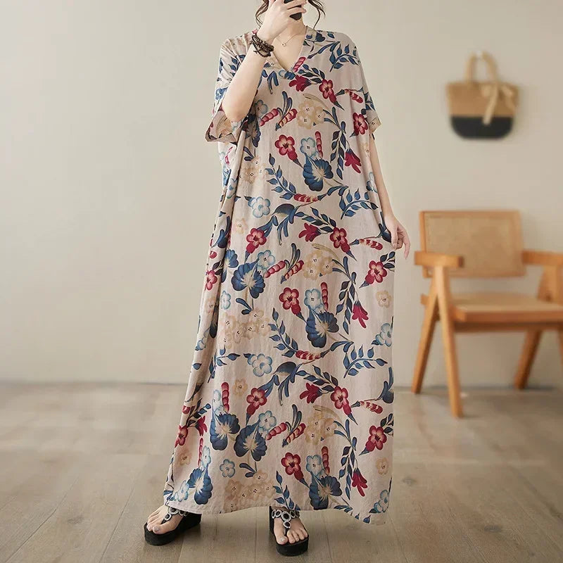 Vintage Cotton Summer Maxi Dress – Harajuku Floral Beachwear - Evallys.com