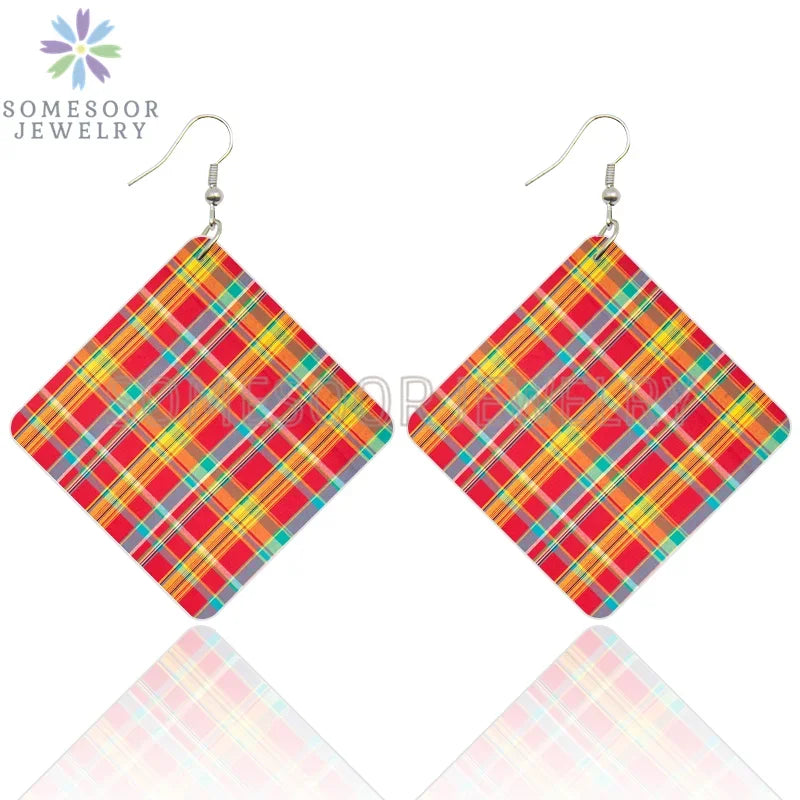 SOMESOOR Madras & Plaid Fabric Design Wooden Drop Earrings Afro Ethnic Headwrap Pattern Print Ear Dangle Jewelry For Women Gifts - Evallys.com