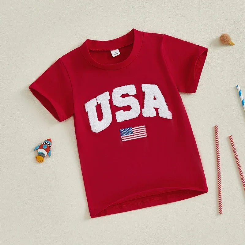 Independence Day Kids T-Shirt with USA Flag Embroidery Patriotic Short Sleeve Tee for Boys Loose Fit Summer Top - Evallys.com