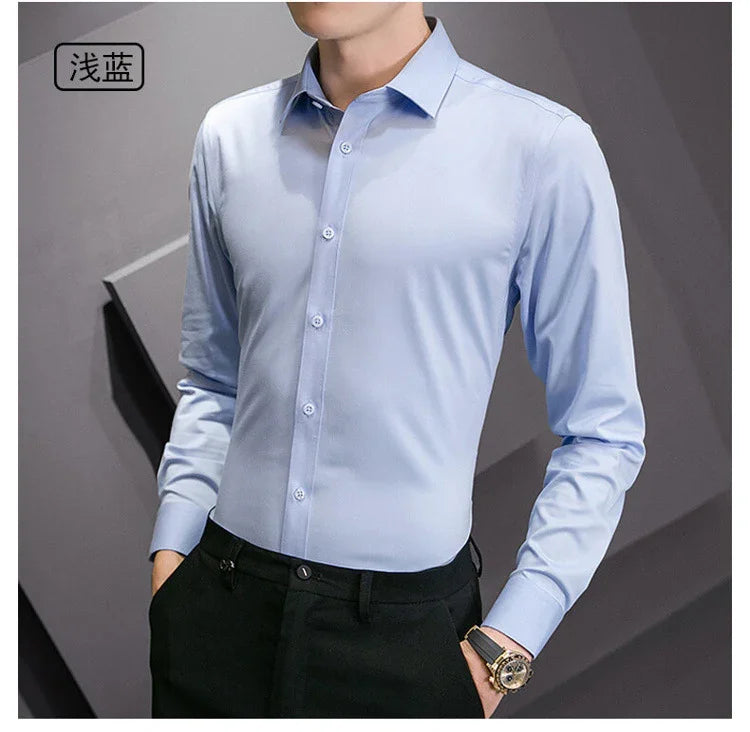 New Plus Size Men Solid Color Business Shirt Fashion Classic Basic Casual Slim White Long Sleeve Shirt Brand Clothes - Evallys.com