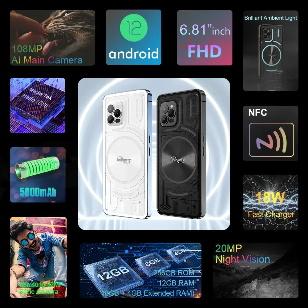 Unihertz Luna Smartphone Rhythm Ambient LED strip Music Phone 8GB RAM 256GB ROM 108MP G99 Mobile Phone Night Vision Cellphone - Evallys.com