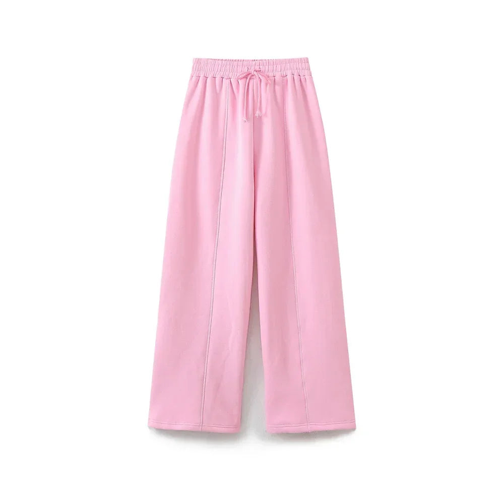 TRAF 2024 Spring Female Casual Hoodies Zipper Coats+Elastic Waist Baggy Pants 2 Pieces Set Elegant Loose Solid Pink Grey Pants - Evallys.com