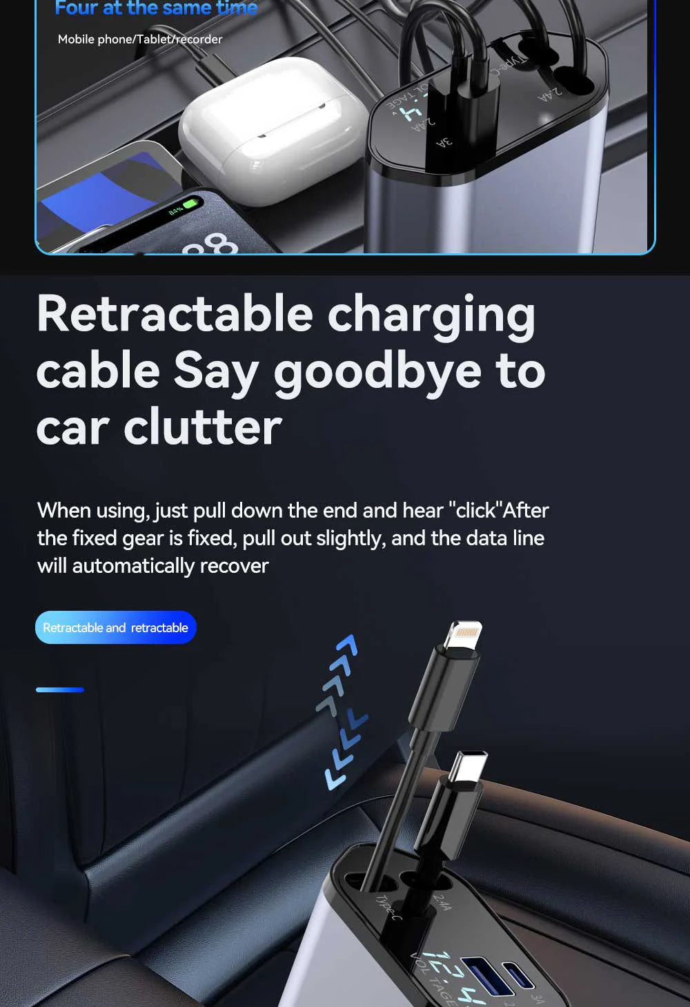 120W 4 in 1 Car Charger Retractable Car Cigarette Lighter Adapter USB Type C Fast Charger Cable For IPhone Xiaomi Huawei Samsung