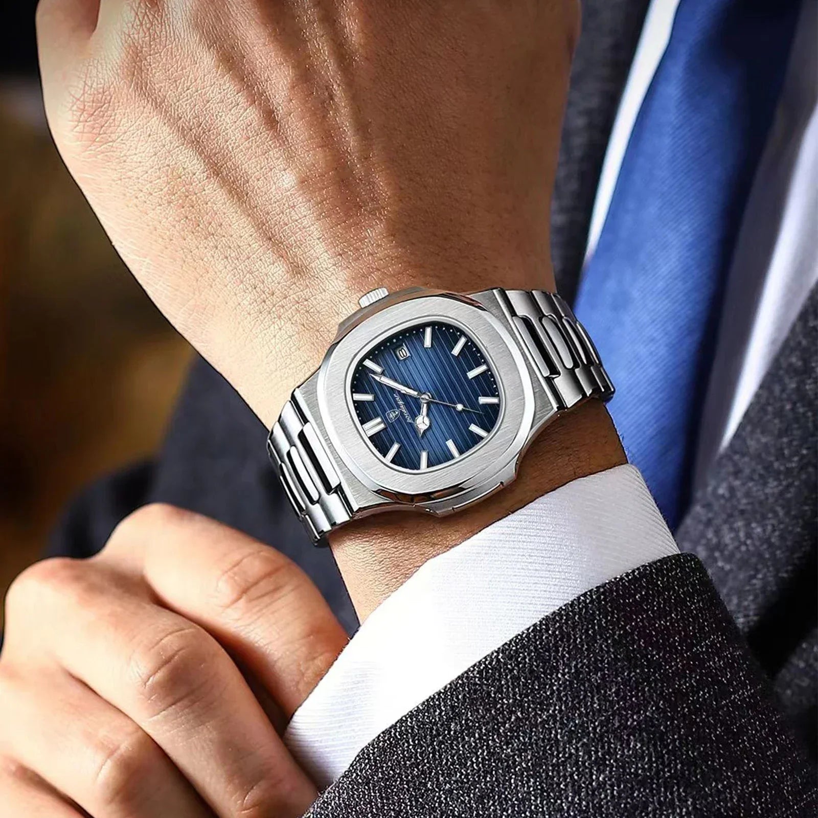 POEDAGAR Luxury Casual Watch Top Brand Fashion Square Dial Stainless Steel Calendar Luminous Waterproof Men Watch Male Clock+Box - Evallys.com