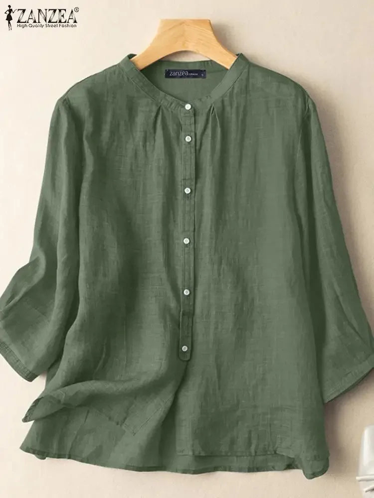 ZANZEA 2025 Spring Summer Blouses Casual Women Shirts Solid Color 3/4 Sleeve Buttons Cotton Linen Blusas Solid Top Casual Tunic - Evallys.com