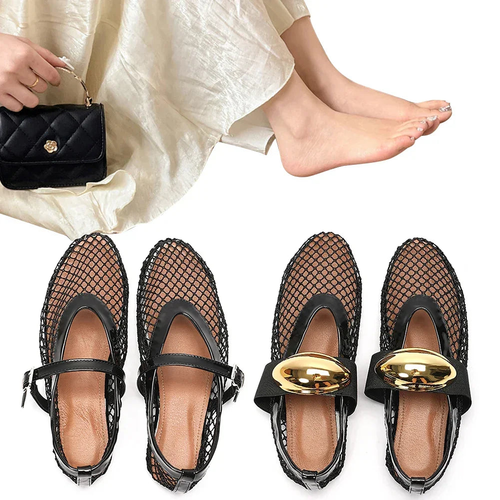 Women Mesh Ballet Flats Fishnet Ballerina Flats Comfortable Slip On Ballerina Shoes Round Toe Ballet Shoes for Outdoor Travel - Evallys.com