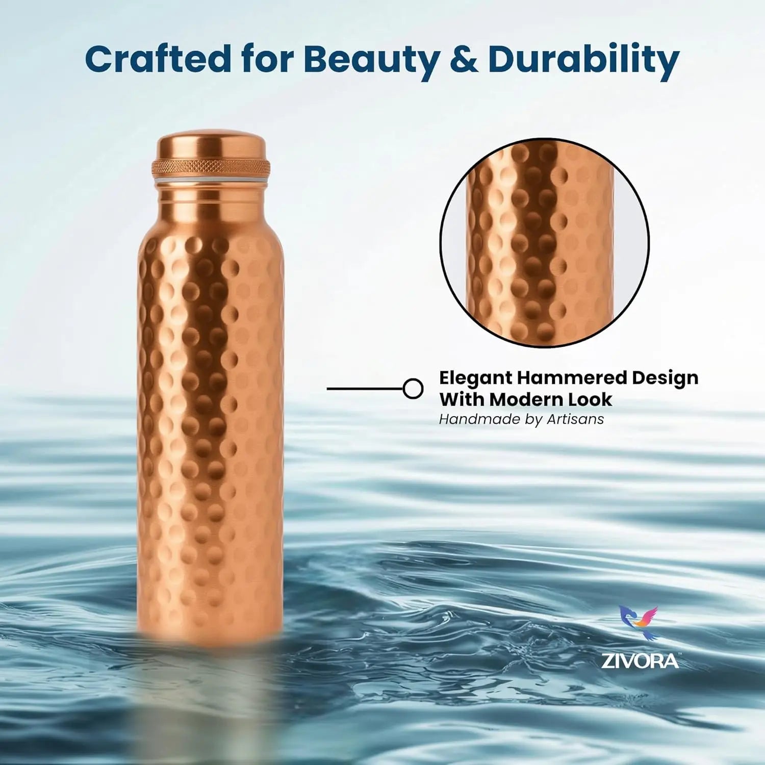 100% Pure Copper Water Bottle 34oz, Leak-Proof, Lab Tested, Enhances Taste, Ideal for Yoga & Fitness