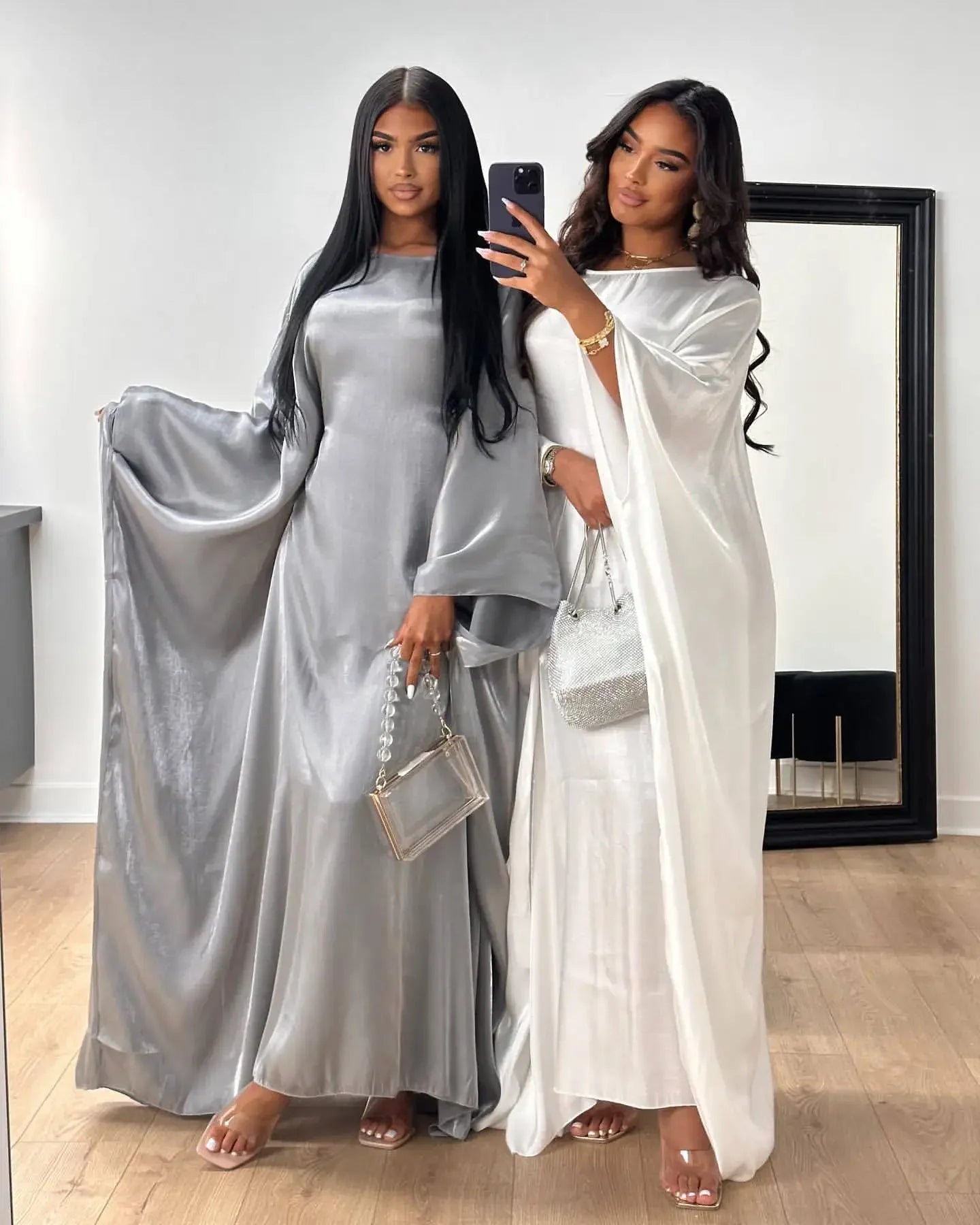 Eid Ramadan Batwing Butterfly Satin Abaya Dubai Luxury Muslim Kaftan Maxi Dress Women Kebaya Robe Caftan Marocain Femme Vestidos - Evallys.com