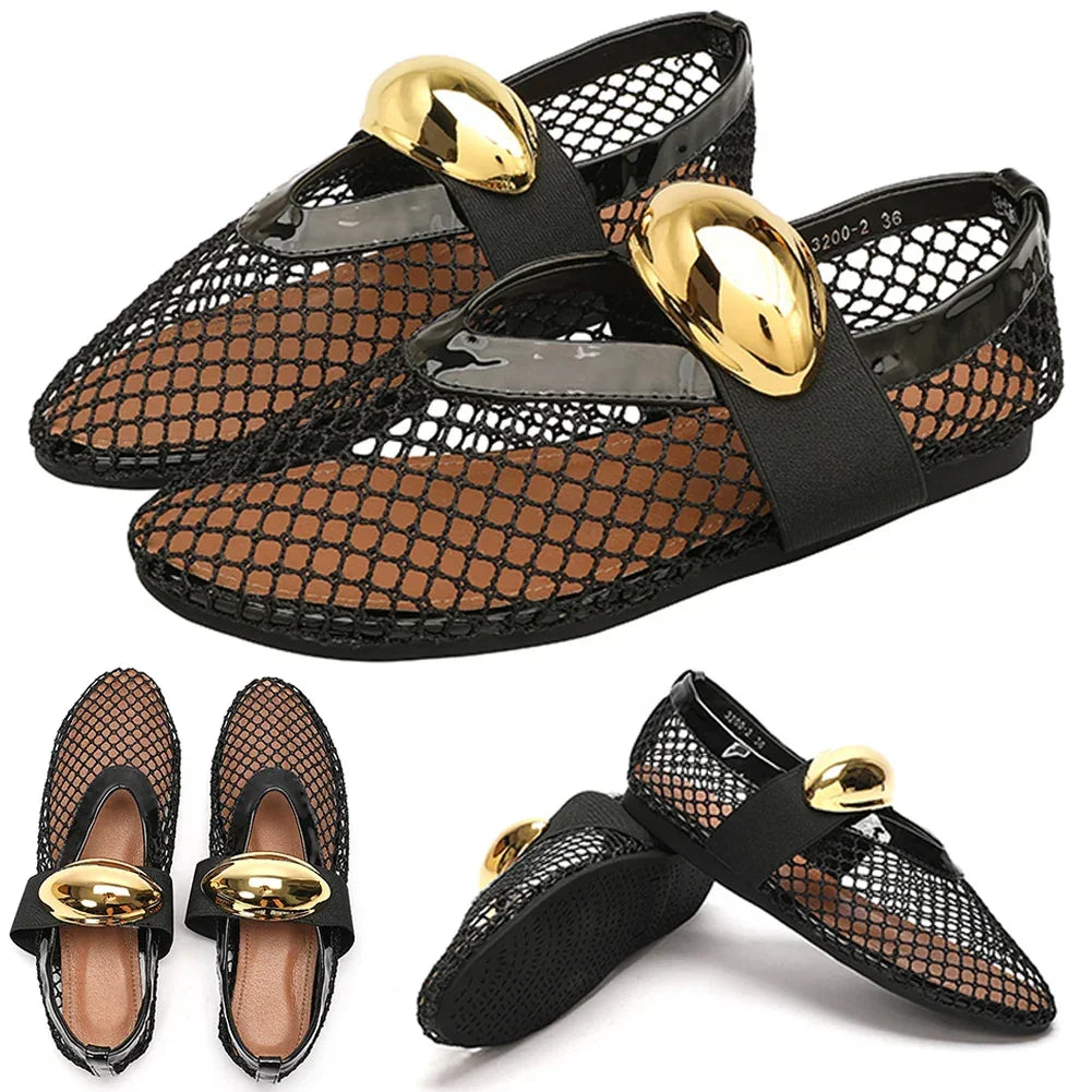Women Mesh Ballet Flats Fishnet Ballerina Flats Comfortable Slip On Ballerina Shoes Round Toe Ballet Shoes for Outdoor Travel - Evallys.com