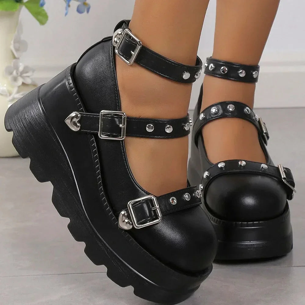 DoraTasia Retro INS Black Round Toe Heel Studded Punk Nightclub Ladies Mary Jane Y2 Lace Buckle Lolita Women's Shoes - Evallys.com
