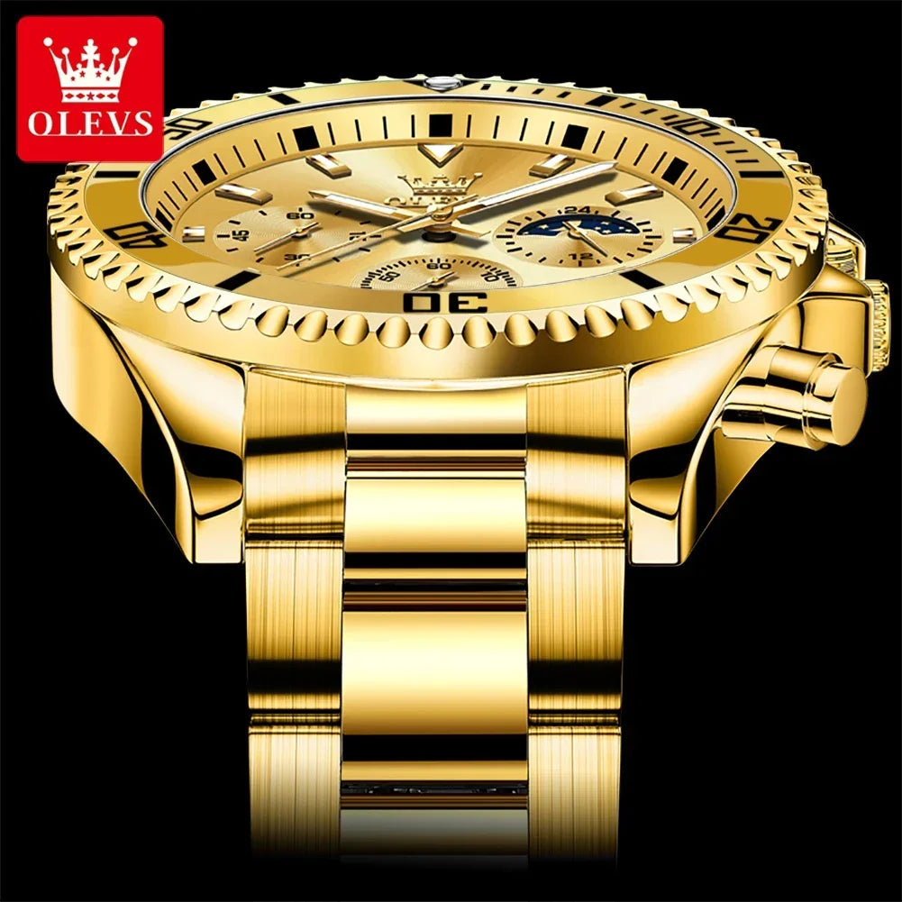 OLEVS Men's Watches Top Brand Luxury Watch for Men Original Waterproof Stainless Steel Chronograph Moon Phase Date Rota Dial - Evallys.com
