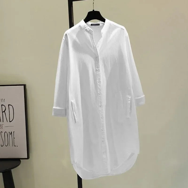 Elegant Cotton Linen Women’s Mid-Length Shirt – Casual Commuter Style - Evallys.com