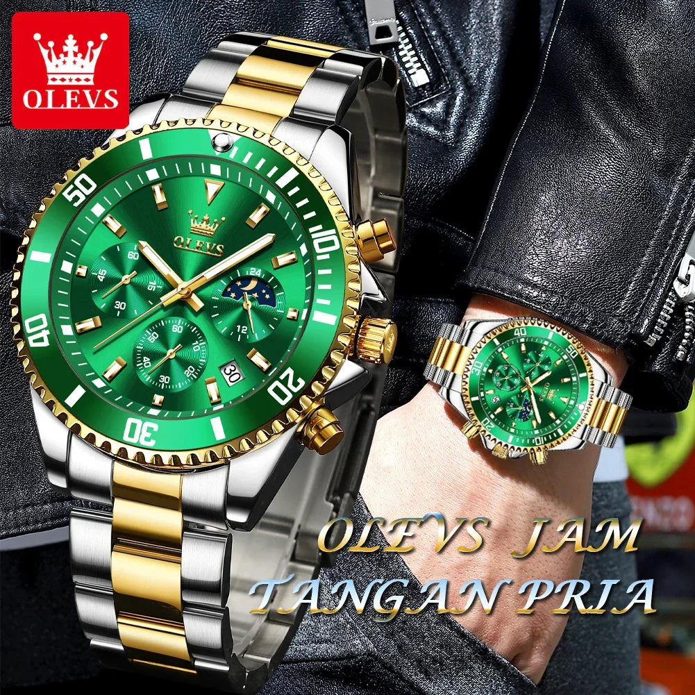 OLEVS Men's Watches Top Brand Luxury Watch for Men Original Waterproof Stainless Steel Chronograph Moon Phase Date Rota Dial - Evallys.com