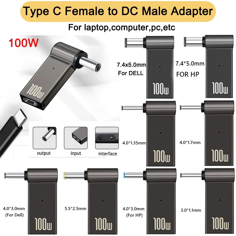 PD 100W Laptop Power Adapter Connector Type C Laptop Power Adapter Connector Plug Type C Female to DC Male Jack Plug for HP Dell - Evallys.com
