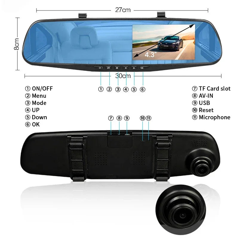 Dashcam 4.3Inch 1080P IPS Car DVR Driving Recorder Rearview Mirror Dual Lens Car Recorder Front and Rear Black Box - Evallys.com