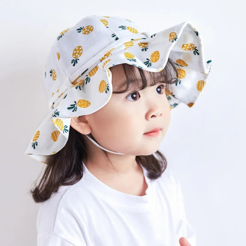 Summer Baby Girl Hat Cotton Fruit Kids Bucket Hats Sun Protection Bowknot Princess Children Cap for Girls Beach Travel 1-3Y - Evallys.com