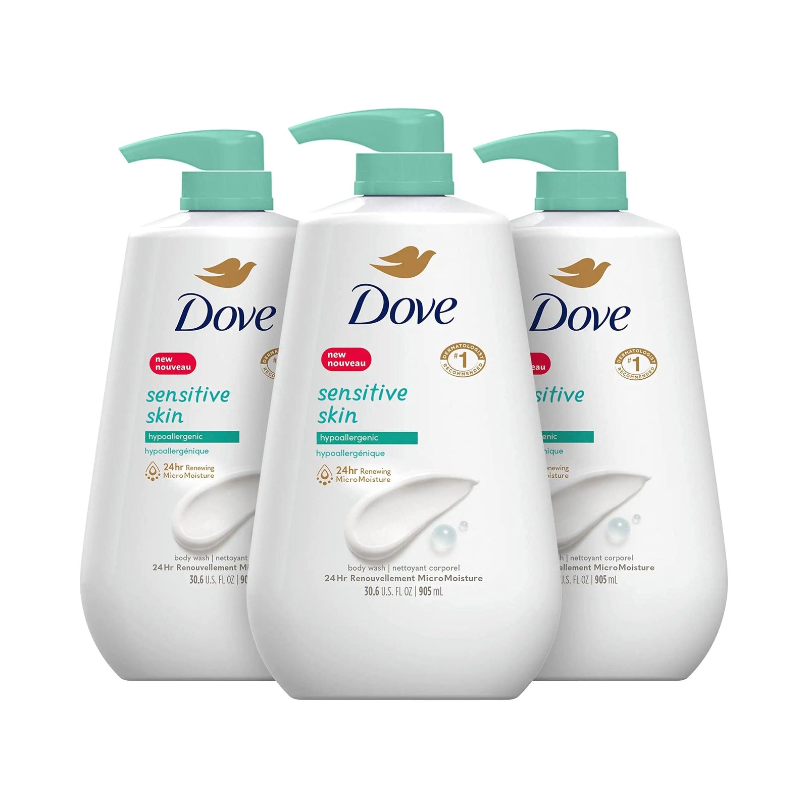 Dove Body Wash 3 Count with Pump Sensitive Skin Hypoallergenic, Paraben-Free, Sulfate-Free, Cruelty-Free, Moisturizing Skin Cleanser Effectively Washes Away Bacteria While Nourishing Skin 30.6 oz Fragranced 30.6 Fl Oz (Pack of 3) - Evallys.com # #