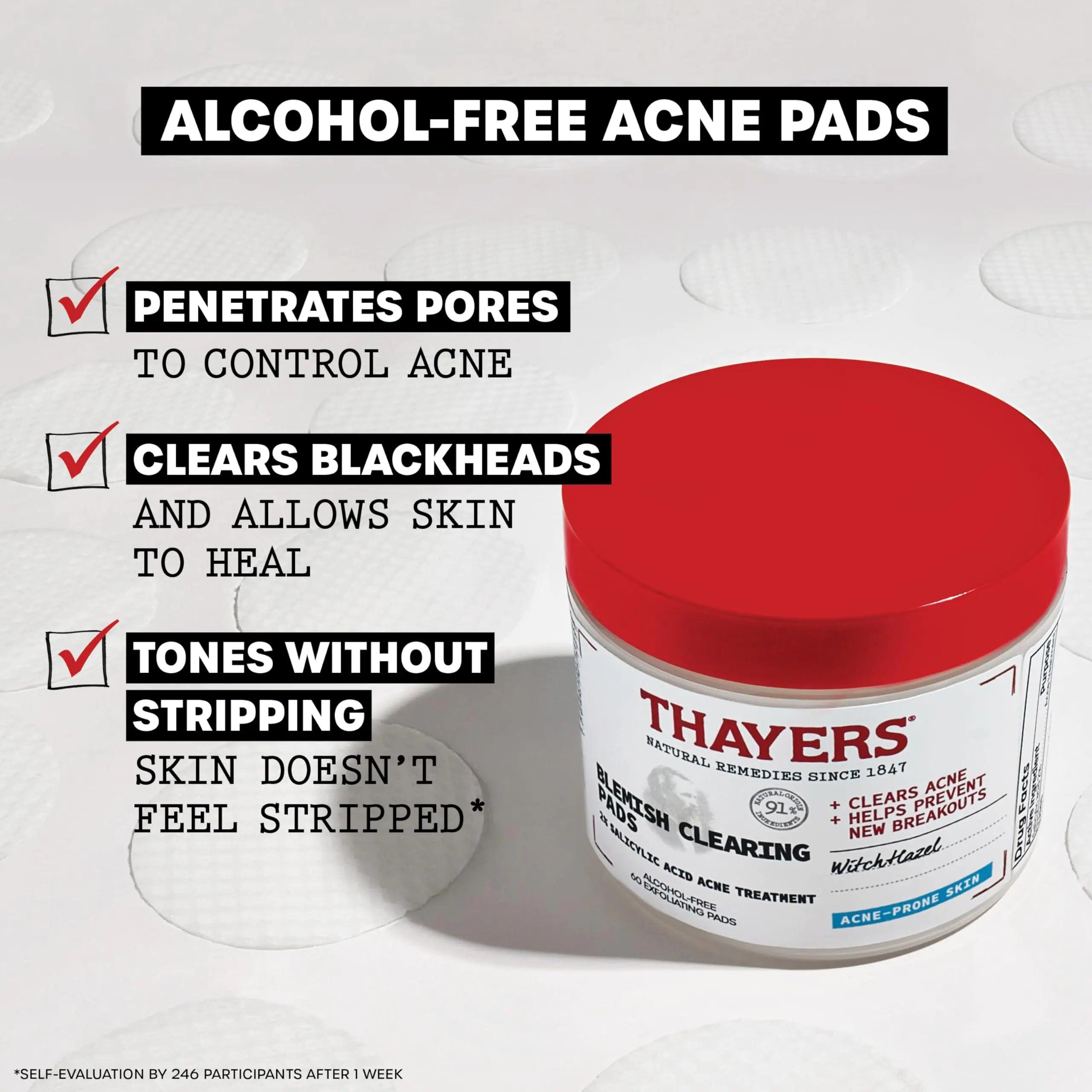 Thayers Blemish Clearing Acne Pads, Salicylic Acid Acne Treatment for Face, Pore Reducing, Exfoliating, and Soothing Skincare, Witch Hazel Toner Pads, 60 Ct 60 Count (Pack of 1) - Evallys.com # #