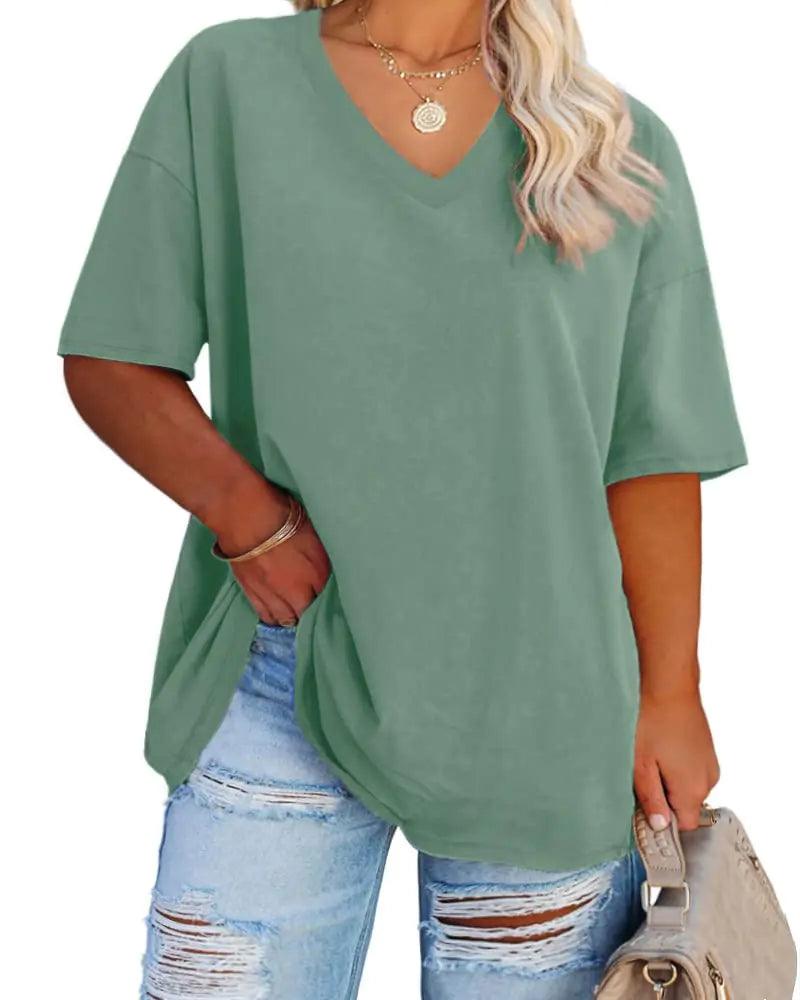 Women's Plus Size V Neck T Shirts Summer Half Sleeve Tees Casual Loose Fit Cotton Tunic Tops XX-Large Plus Khaki - Evallys.com # #