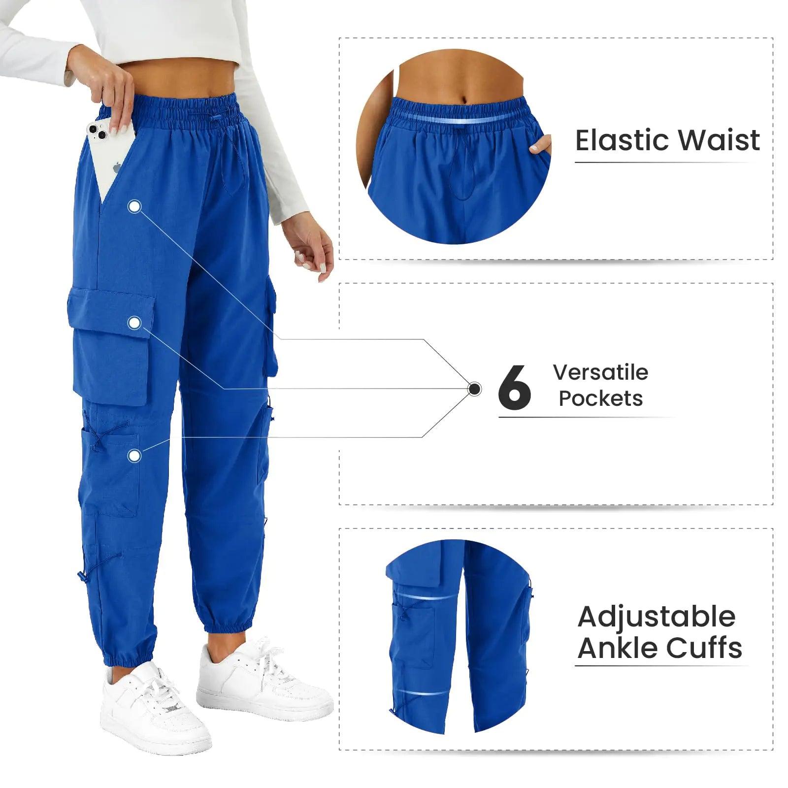 Womens Parachute Cargo Pants with Pockets Quick Dry Hiking Pants Lightweight Waterproof Baggy Joggers X-Large Blue - Evallys.com # #