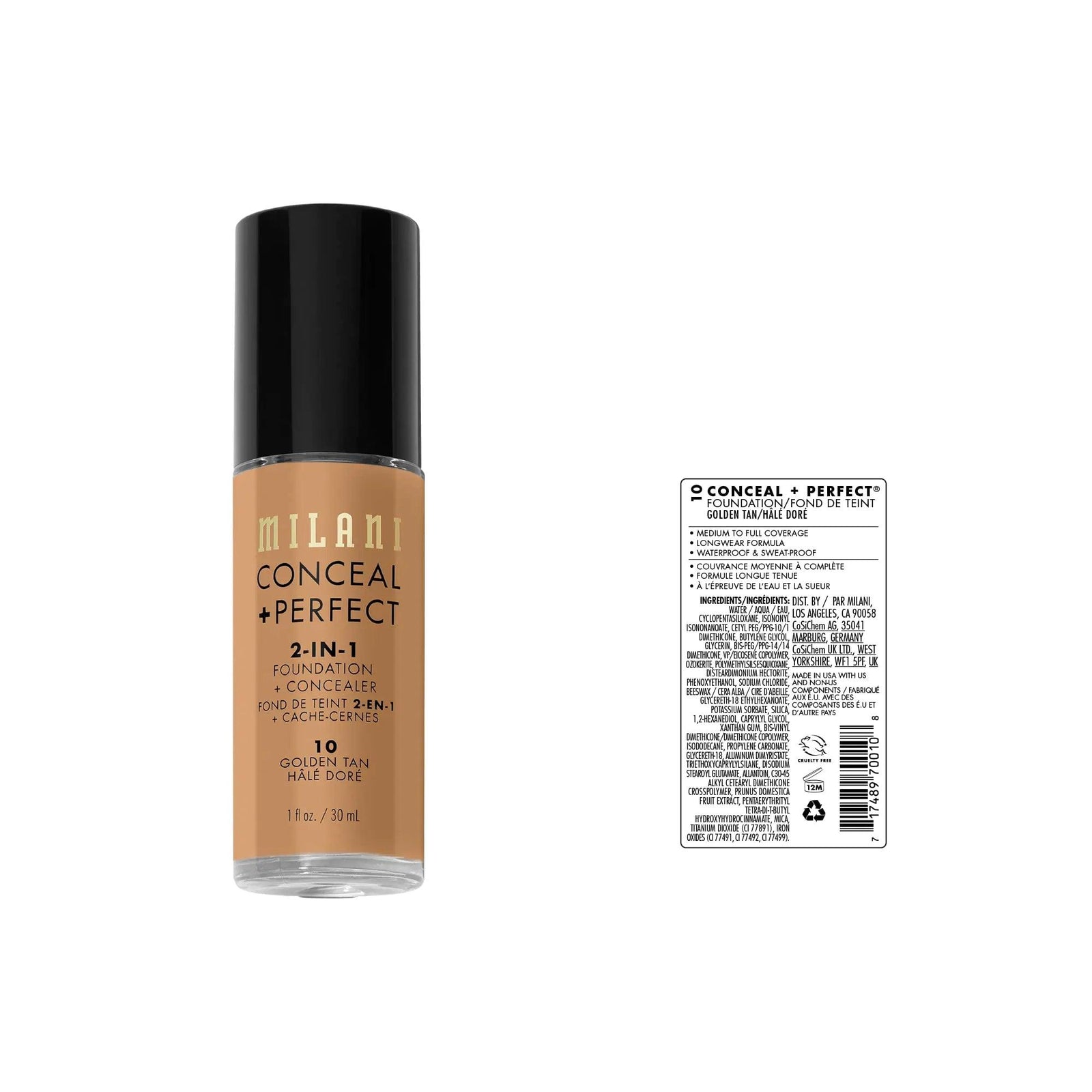 Milani Conceal + Perfect 2-in-1 Foundation + Concealer - Golden Tan (1 Fl. Oz.) Cruelty-Free Liquid Foundation - Cover Under-Eye Circles, Blemishes & Skin Discoloration for a Flawless Complexion 10-Golden Tan - Evallys.com # #