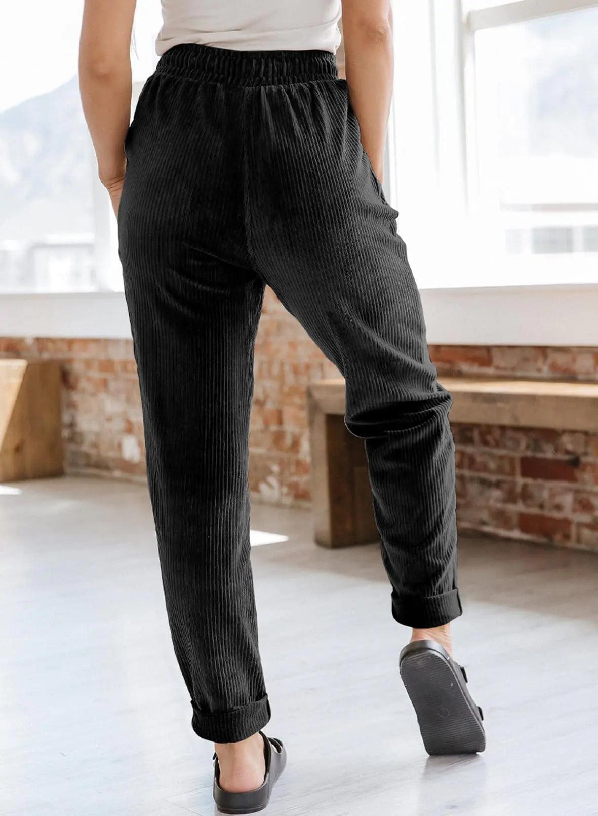 EVALESS Corduroy Pants for Women Casual Drawstring Elastic High Waist Straight Leg Pants Loose Comfy Trousers with Pockets Small B1 Black - Evallys.com # #