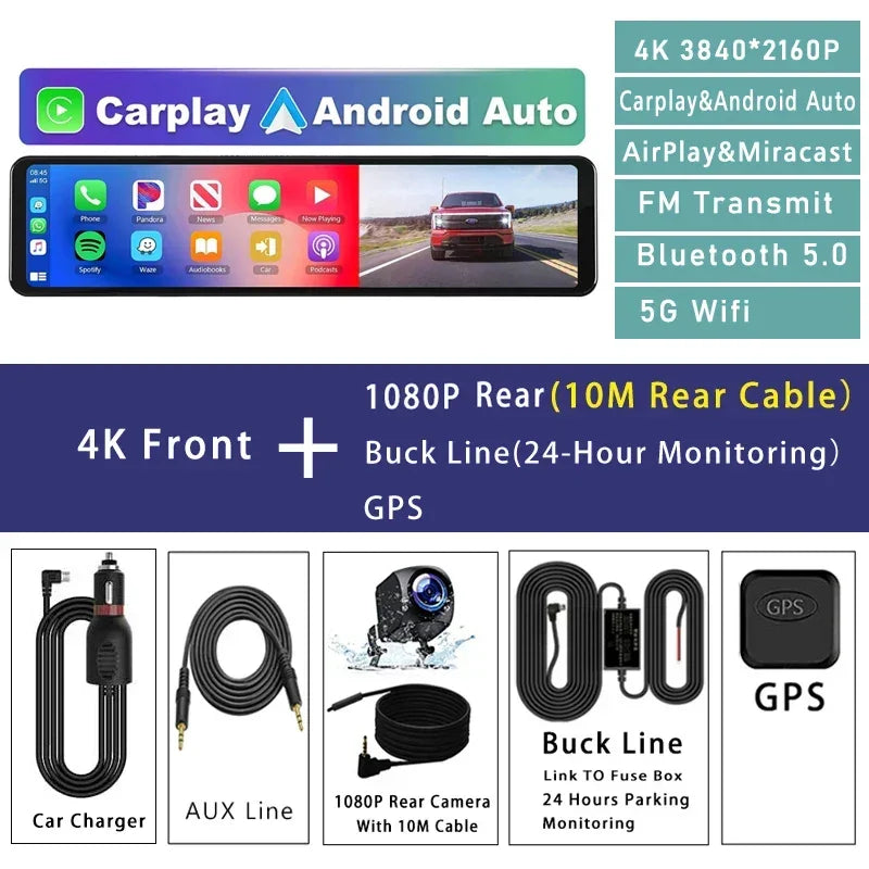 11.26" 4K 2160P Car Dvr Carplay Android Auto Dash Cam GPS WIFI BT FM Stream Rear View Mirror Dashcam Dvrs Camera Drive Recorder - Evallys.com