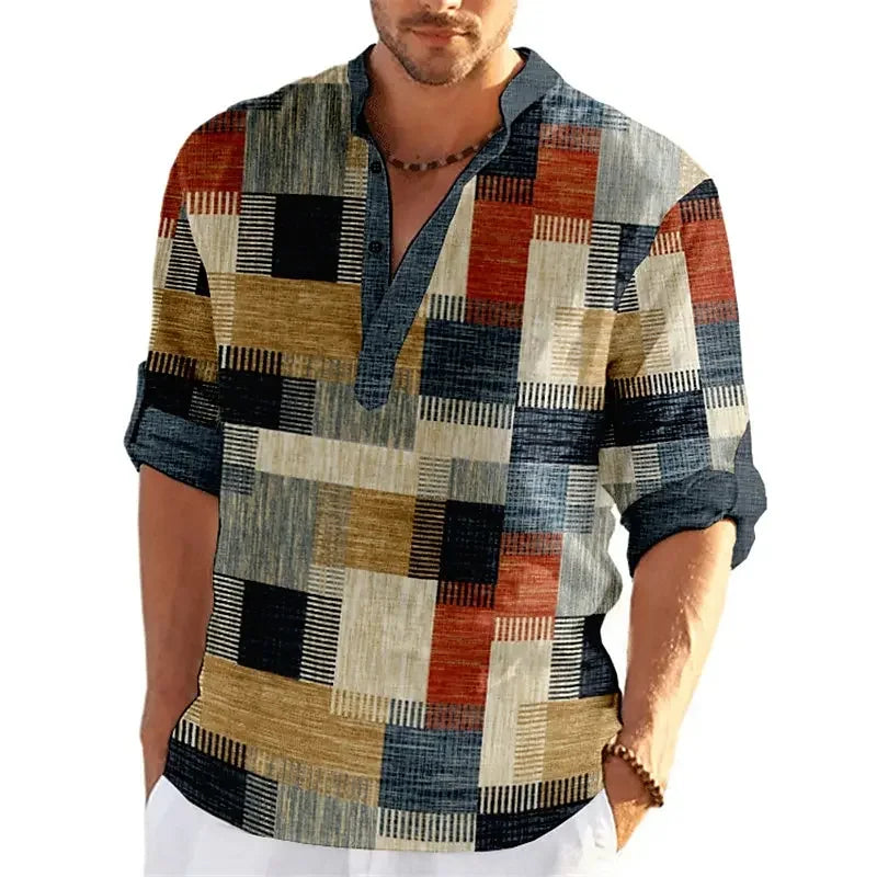 Patchwork 3D Print Color Block Henley Shirts Men's Fashion Vintage Stand Collar Long Sleeve Shirt Male Tops Blouse Man Clothing - Evallys.com
