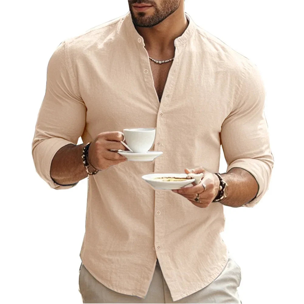Men's Henry Shirts Cotton Linen Slim Fit Causal Hawaiian Solid Color Basic Style Spring Summer Breathable Men Clothing - Evallys.com