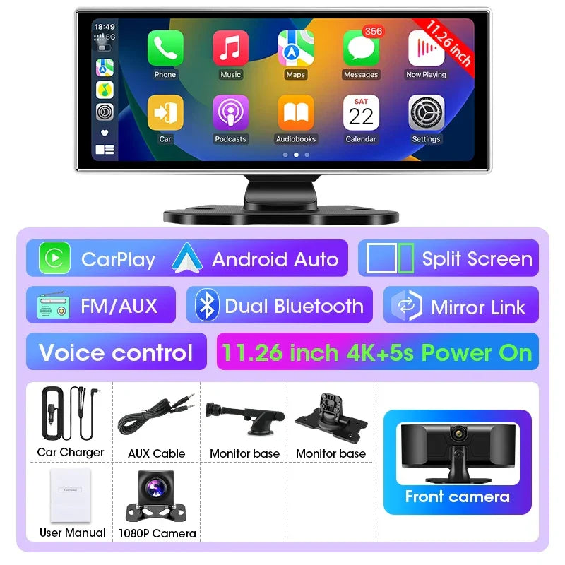 11.26 inch Car DVR 4K Dash Cam Dual Lens Wireless Carplay & Android Auto Video Recorder Monitor GPS Navigation 5G Wifi FM AUX - Evallys.com