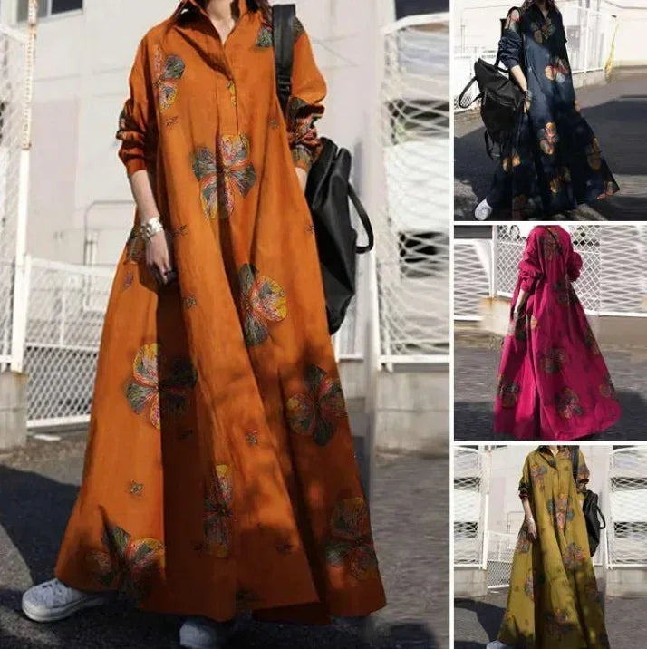 Vintage Cotton Linen Shirt Dress Women’s Autumn Long Maxi Robe - Evallys.com