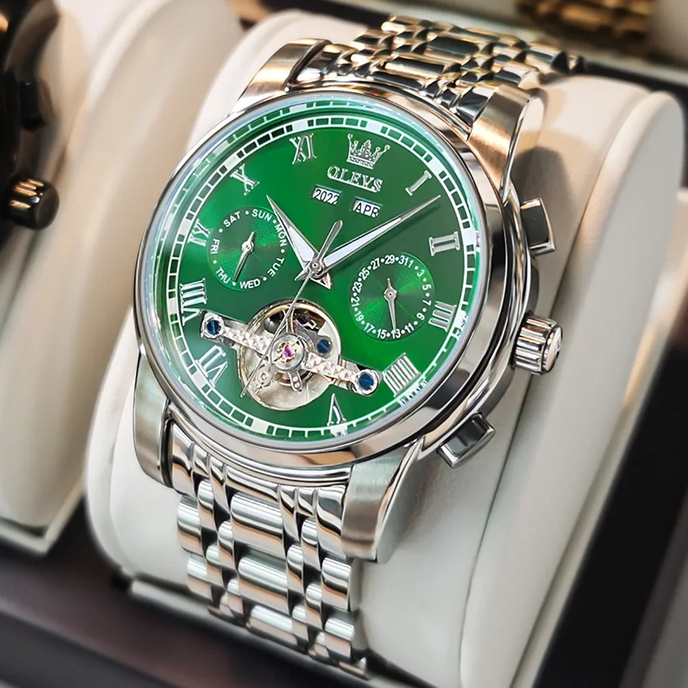 OLEVS Men's Watches Automatic Mechanical Business Wristwatch Waterproof Stainless Steel Strap Watch for Man Skeleton Calendar - Evallys.com