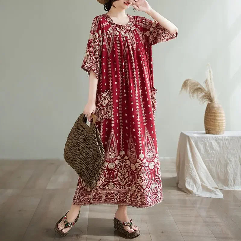 Summer Ethnic Print Dress with Pockets – Loose Mid-Calf Casual Wear - Evallys.com
