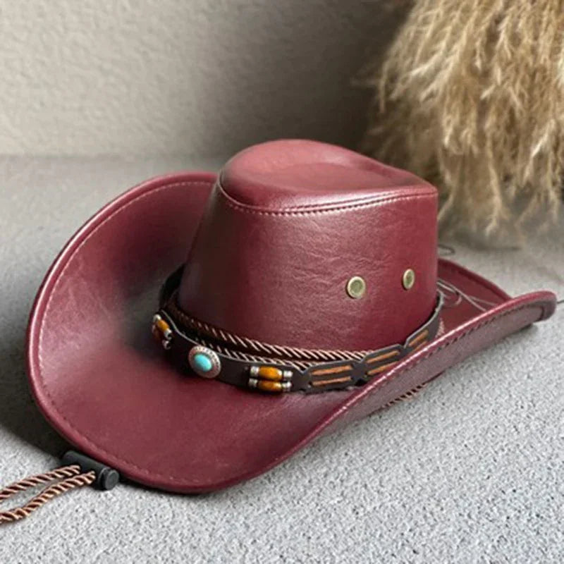Faux Leather Cowboy Hat – Vintage Unisex Western Jazz Dress Cap - Evallys.com