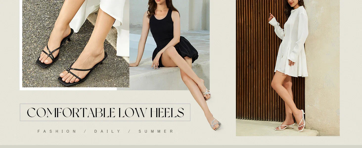 Women's Strappy Kitten Heels Flip Flops Square Open Toe Low Heels Fashion Party Dress Thong Heeled Sandals - Evallys.com