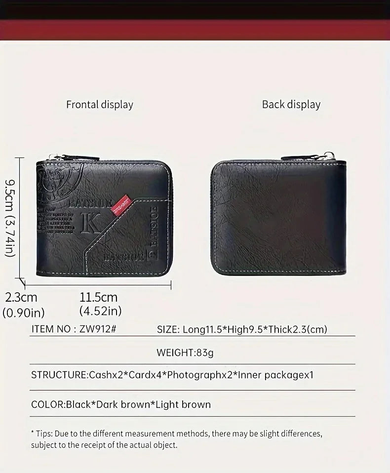 1pc faux Leather Wallet for Men - Premium Retro Letter Embossed Design, Multiple Credit Card Slots, Zipper Closure, Stylish Gift - Evallys.com