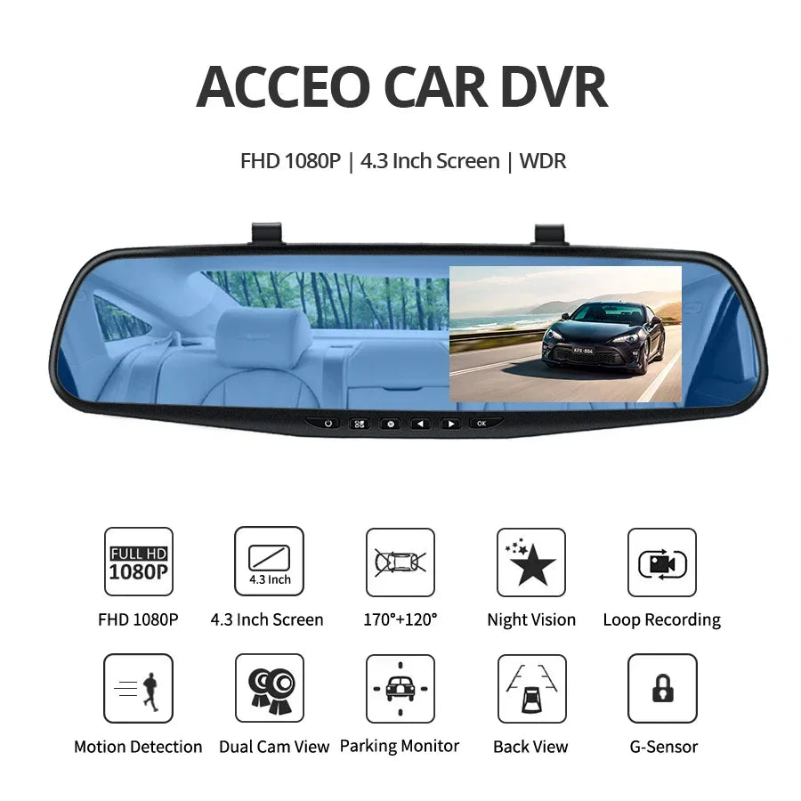Dashcam 4.3Inch 1080P IPS Car DVR Driving Recorder Rearview Mirror Dual Lens Car Recorder Front and Rear Black Box - Evallys.com